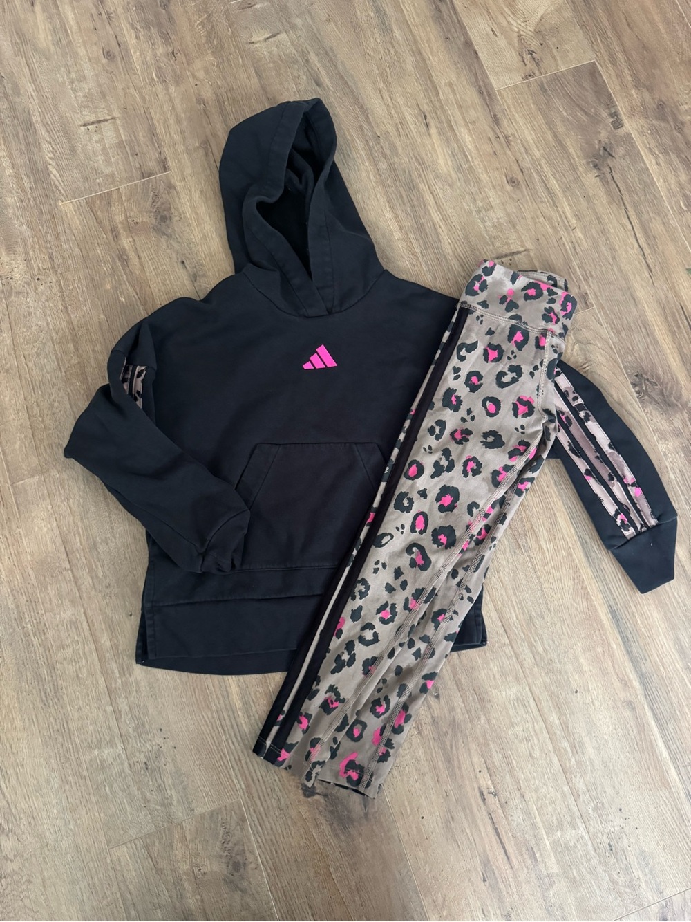 Adidas Kids Animal Print Set. Black Hoodie with Pink Logo & Matching Pants